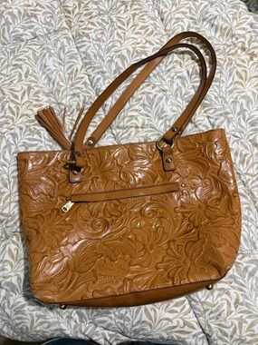 Patricia Nash Carved Leather Tote in Cognac
